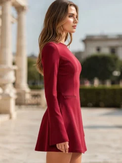 Robe trapèze courte à manches longues et coutures structurées sophistiquées pour femme 2026