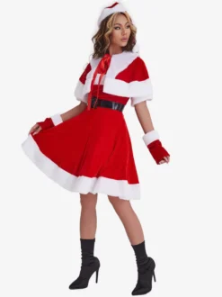 Robe tunique de Noël femmes Gants en fibre de polyester rouge Robe à ceinture Polyester Bloc de couleur Costumes de vacances de Noël