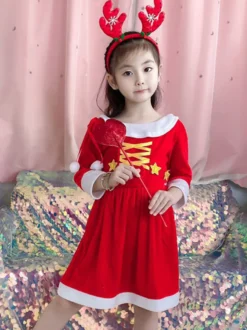Robe Tunique Enfants Noël Robe De Soirée Cadeaux Noël En Fibre De Polyester Rouge