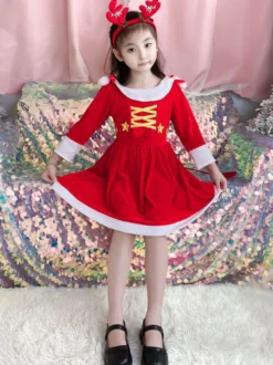 Robe Tunique Enfants Noël Robe De Soirée Cadeaux Noël En Fibre De Polyester Rouge