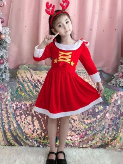 Robe Tunique Enfants Noël Robe De Soirée Cadeaux Noël En Fibre De Polyester Rouge