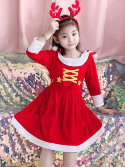 Robe Tunique Enfants Noël Robe De Soirée Cadeaux Noël En Fibre De Polyester Rouge