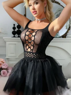 Robe tutu en résille strass sans manches mini-robe en tulle ajourée tenue de soirée/club/lingerie pour femme