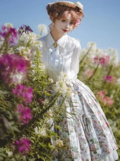 ROCOCO Style Blouses Lolita Haut Lolita Volants Noeuds Chemisier Manches Longues Chemise Lolita Blanche