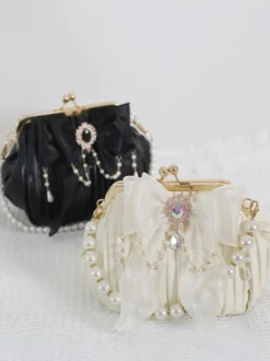 ROCOCO Style Sac Lolita Noeud Noir Strass Perles Accessoire Polyester Lolita Accessoires
