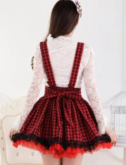 Rouge Noir Vichy Jupe Lolita rouge douse magnifique en polyester impression avec dentelle Déguisements Halloween