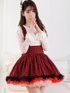 Rouge Noir Vichy Jupe Lolita rouge douse magnifique en polyester impression avec dentelle Déguisements Halloween