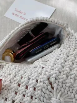 Sac bandoulière bohème à pompons en macramé mini sac à main en corde de coton tissée à la main sac de plage
