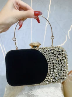 Sac bandoulière de soirée en velours patchwork strass étui rigide pochette de soirée avec bandoulière chaîne
