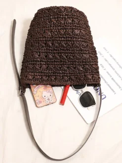 Sac bandoulière seau en raphia épais bandoulière ajustable en similicuir sac à main tissé