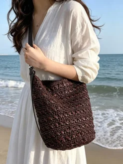 Sac bandoulière seau en raphia épais bandoulière ajustable en similicuir sac à main tissé