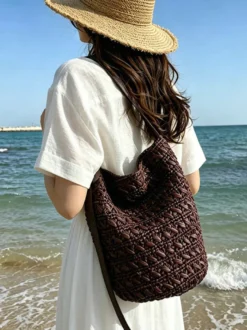 Sac bandoulière seau en raphia épais bandoulière ajustable en similicuir sac à main tissé