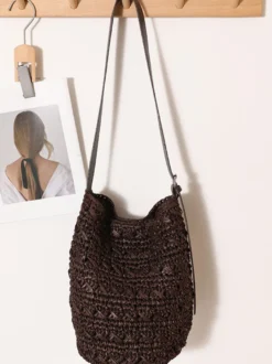 Sac bandoulière seau en raphia épais bandoulière ajustable en similicuir sac à main tissé