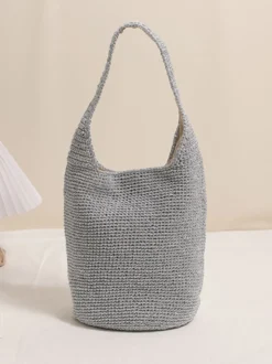Sac bandoulière seau tricoté à paillettes fermeture magnétique style hobo tissé ajouré idéal pour les vacances d'été à la plage