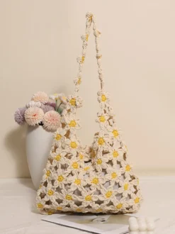 Sac cabas ajouré en crochet à motif marguerite style bohème idéal pour l'été sac bandoulière tissé parfait pour les vacances à la plage