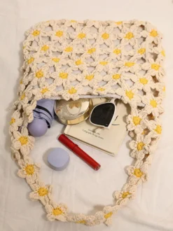 Sac cabas ajouré en crochet à motif marguerite style bohème idéal pour l'été sac bandoulière tissé parfait pour les vacances à la plage