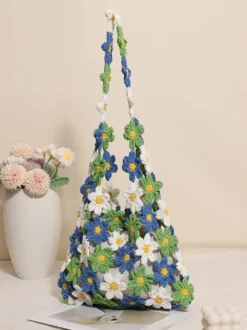 Sac cabas ajouré en crochet à motif marguerite style bohème idéal pour l'été sac bandoulière tissé parfait pour les vacances à la plage
