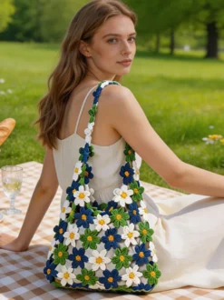 Sac cabas ajouré en crochet à motif marguerite style bohème idéal pour l'été sac bandoulière tissé parfait pour les vacances à la plage
