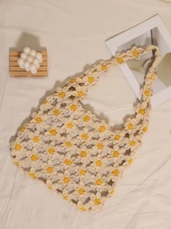 Sac cabas ajouré en crochet à motif marguerite style bohème idéal pour l'été sac bandoulière tissé parfait pour les vacances à la plage