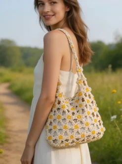 Sac cabas ajouré en crochet à motif marguerite style bohème idéal pour l'été sac bandoulière tissé parfait pour les vacances à la plage