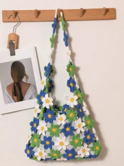 Sac cabas ajouré en crochet à motif marguerite style bohème idéal pour l'été sac bandoulière tissé parfait pour les vacances à la plage