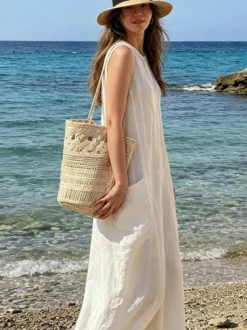 Sac cabas bohème en corde de coton crochetée sac bandoulière ajouré tissé sac à main pour les vacances d'été à la plage