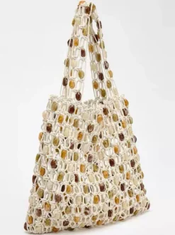 Sac cabas en maille ajourée à perles grande capacité sac bandoulière de vacances style bohème léger à enfiler