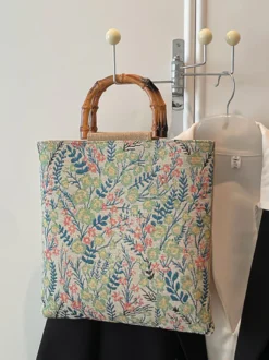 Sac cabas vintage à imprimé floral et anses en bambou grande capacité en toile porté épaule.