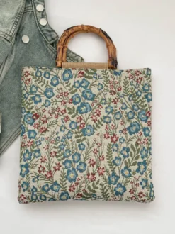 Sac cabas vintage à imprimé floral et anses en bambou grande capacité en toile porté épaule.