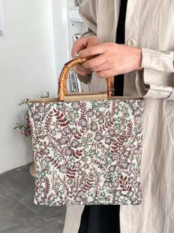 Sac cabas vintage à imprimé floral et anses en bambou grande capacité en toile porté épaule.