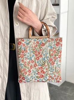 Sac cabas vintage à imprimé floral et anses en bambou grande capacité en toile porté épaule.