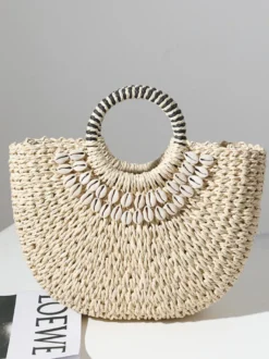 Sac de plage semi-circulaire en paille avec coque pour femme (2026)