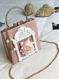 Sac gothique Lolita avec chaînes roses et perles appliquées sac à main en cuir PU accessoires Lolita