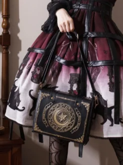 Sac gothique Lolita en cuir PU marron café détails métalliques imprimé Floral étoiles sac à bandoulière en cuir PU accessoires Lolita