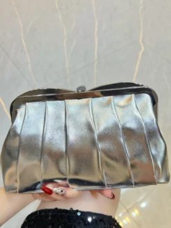 Sac à main de mariée pochette à armature plissée métallisée sac bandoulière à chaîne amovible sac de soirée