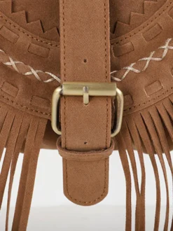 Sacs Femme Kaki Faux Daim Rond Sangle Réglable Frange Fermeture Éclair