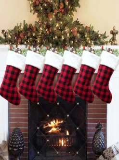 Sacs Noël Cadeau Enfant De Noël Décorations Suspendues Porte Tissu À Carreaux Chaussettes De Noël