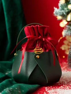 Sacs Pour Femme Sac De Noël À Lacets Bordeaux Cadeau Noël Avec Poignée Ronde Détails En Métal Bicolore