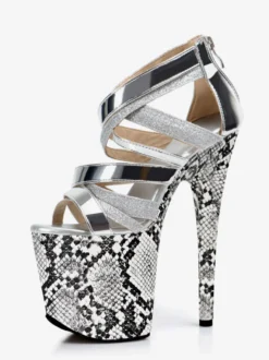 Sandales argentées sexy à plateforme et bout ouvert talons hauts.