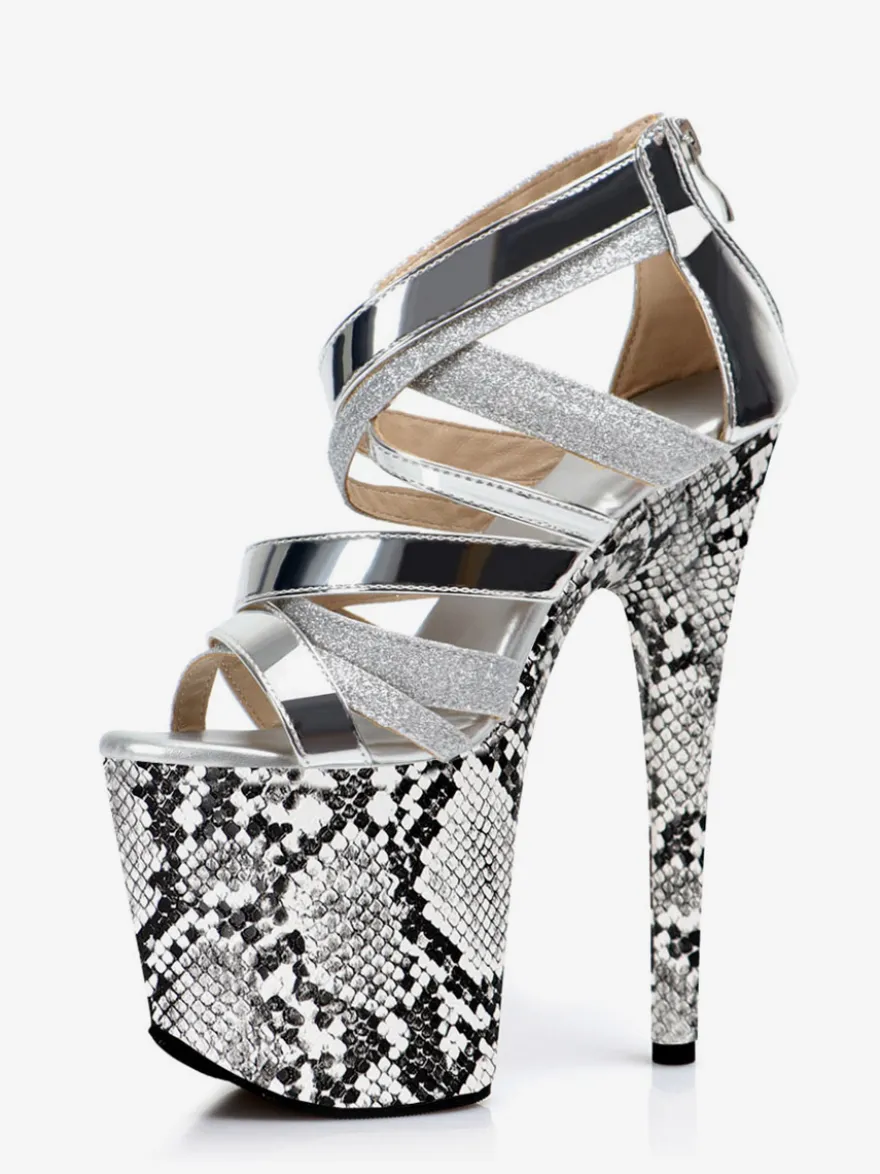 Sandales argentées sexy à plateforme et bout ouvert talons hauts.