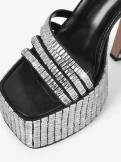 Sandales Chaussures de soirée noires strass bloc talon plate-forme à talons hauts carré