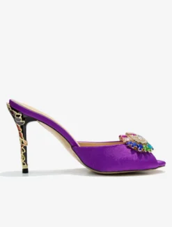 Sandales Chaussures Femmes Cristal Bout Rond Soie Et Satin Slide Talon Aiguille Violet