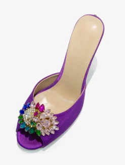 Sandales Chaussures Femmes Cristal Bout Rond Soie Et Satin Slide Talon Aiguille Violet