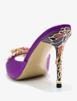 Sandales Chaussures Femmes Cristal Bout Rond Soie Et Satin Slide Talon Aiguille Violet