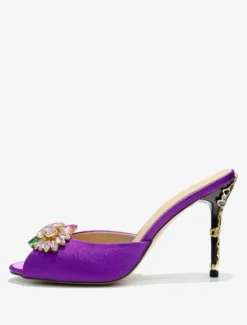 Sandales Chaussures Femmes Cristal Bout Rond Soie Et Satin Slide Talon Aiguille Violet