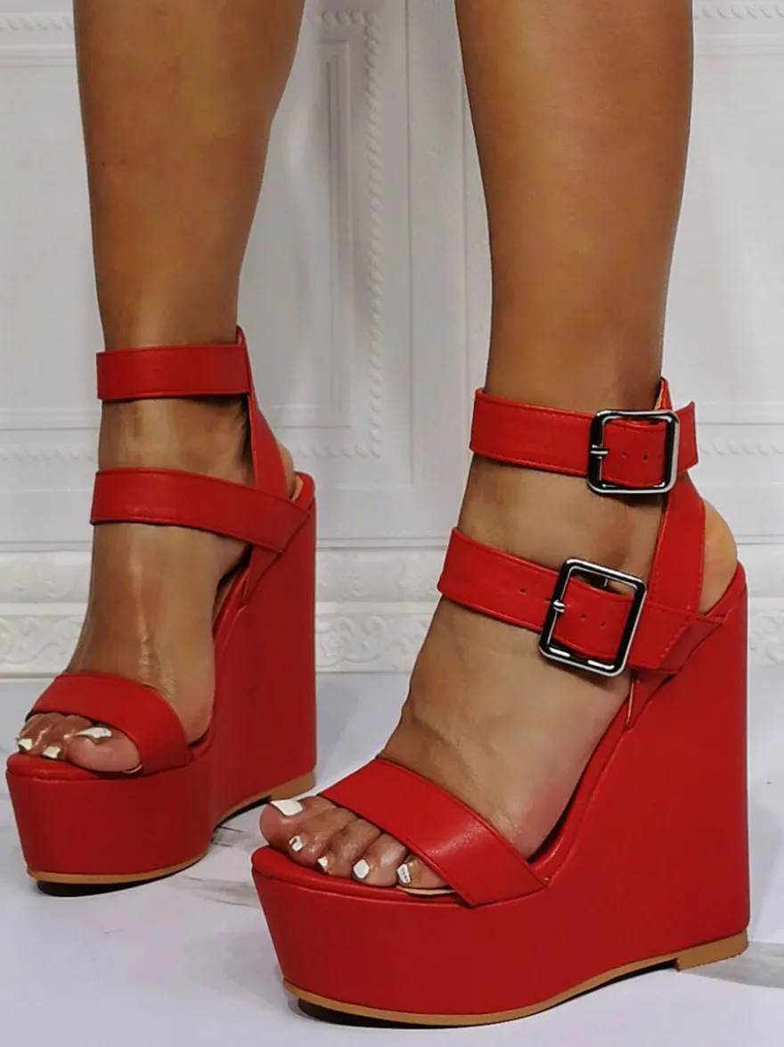 Sandales compensées pour femmes belles chaînes PU cuir ciel talons compensés