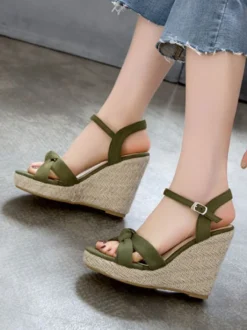 Sandales compensées pour femmes Charmantes micro-daim Sandales à bout rond supérieur