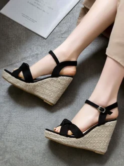 Sandales compensées pour femmes Charmantes micro-daim Sandales à bout rond supérieur