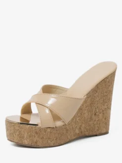 Sandales compensées pour femme Cocktail Détails métalliques Sandales à bout ouvert en cuir verni