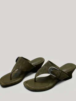 Sandales compensées pour femmes tongs en daim avec boucle